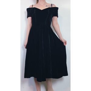 Vintage 80s Velvet Midi Fit Flare Cocktail Dress